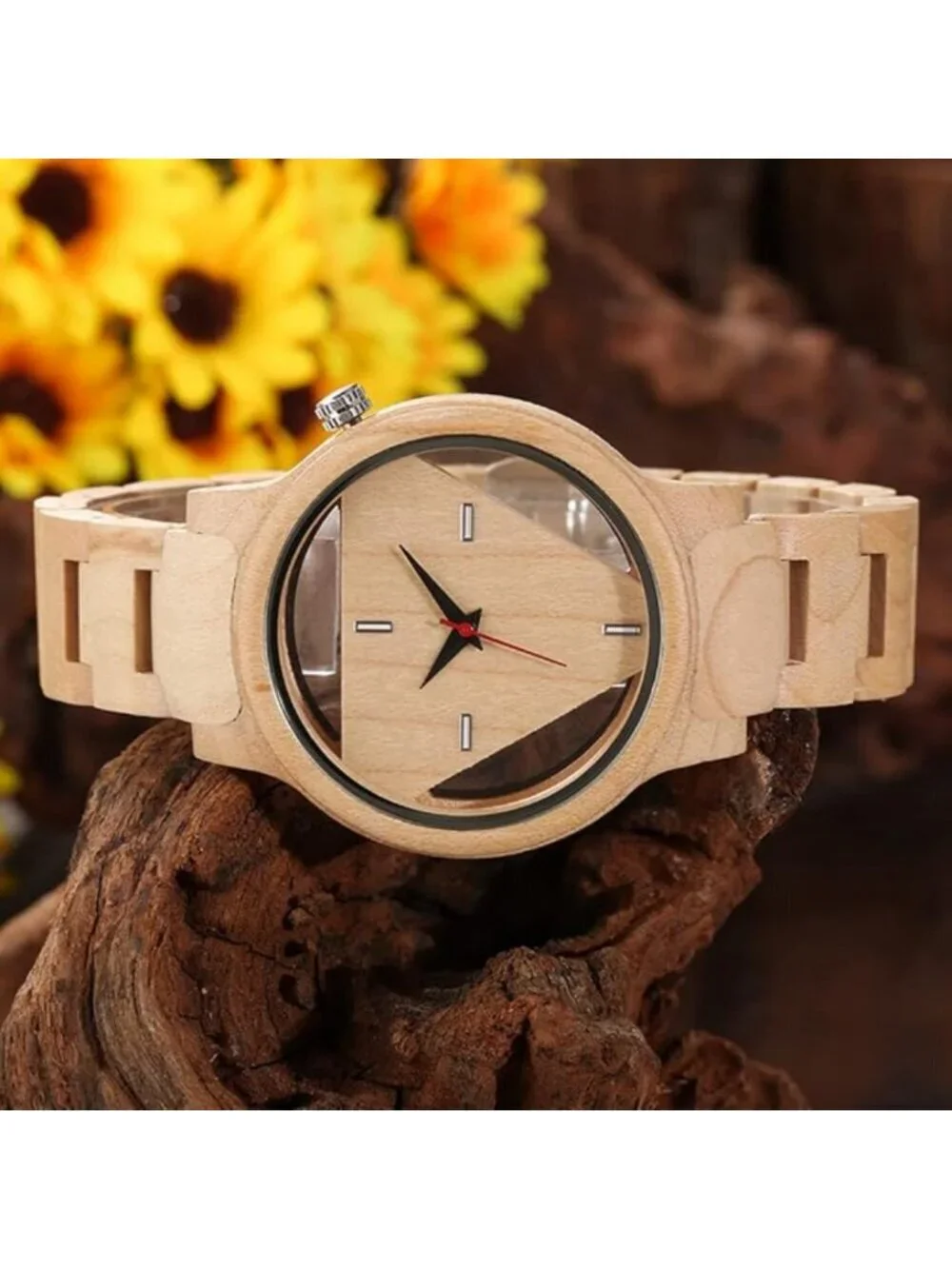 Men's Watch Colorful Tan Wooden Handmade Triangle Dial Analog Quartz Wristwatch
